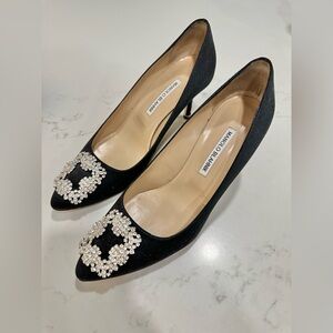 Manolo Blahnik Hangisi, 70mm, black satin, size 9.5 (EU 39 1/2)